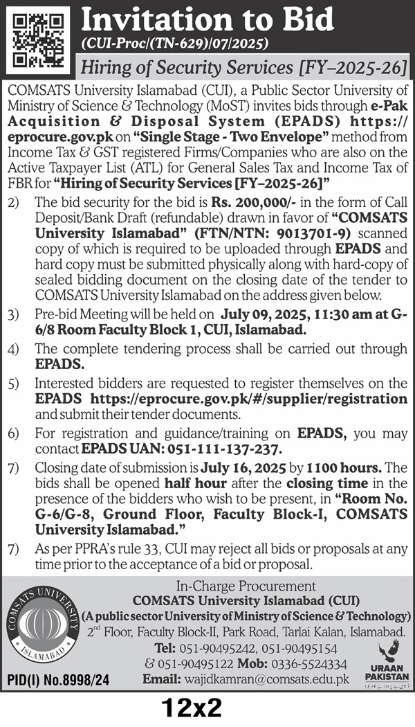 COMSATS University Islamabad Tender Notice